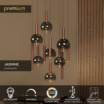 Lucide JASMINE - Suspension - Ø 75 cm - LED Dim. - CCT - 12x4,5W 2200K/3300K - Convient aux mezzanines et plafonds hauts - Cuivre | Premium